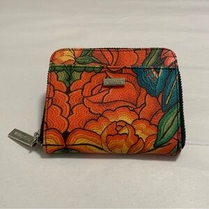 Pineda Covalin Mexico Compact Zipper Wallet Red Orange Floral 5” x 4” EUC